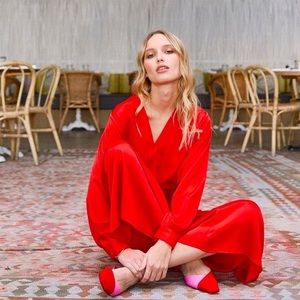 FRNCH Pleated Long Sleeve Midi Dress in Red